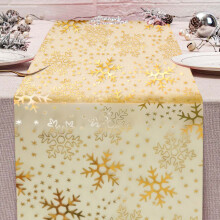 Chemin de table flocons de neige dorés, décoration de Noël, arrangement de table pour les fêtes, tissu en nylon résistant.