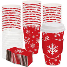 Tazas de café navideñas con diseño de copo de nieve, con tapas y fundas (48 unidades)