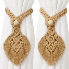 2-Pack Boho Leaf Curtain Tiebacks, Cotton Rope, Warm Brown