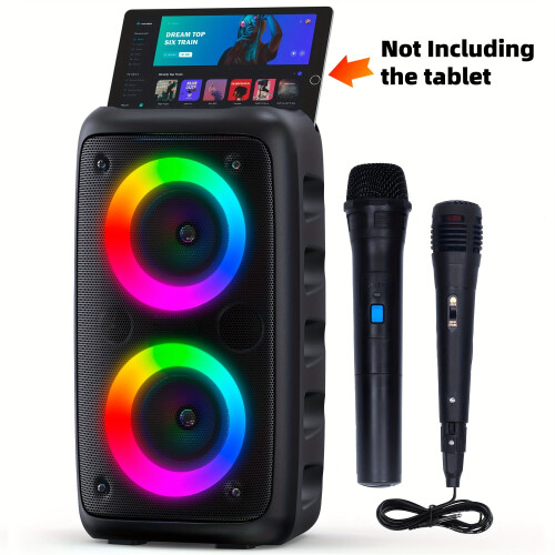 Caixa de som estéreo sem fio com TWS, microfone duplo e luzes LED.