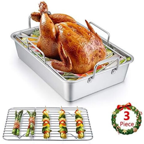 Stainless Steel Roasting Pan with V Rack and Baking Rack