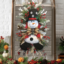 Couronne de Noël bonhomme de neige de 42 cm avec baies et pommes de pin – Décoration de porte mignonne, utilisable à l'intérieur comme à