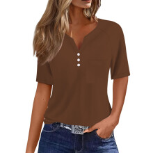 Top da donna casual a maniche corte con scollo a V e tasche, taglia L, marrone, ideale per tutti i giorni.