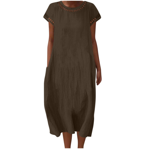 Γυναικείο Φόρεμα Maxi από Faux Linen με Κοντομάνικο και Στρογγυλή Λαιμόκοψη και Τσέπες 1