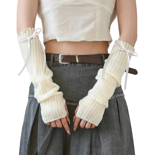 Winterwarme Halbfingerhandschuhe mit gestricktem-Weiß
