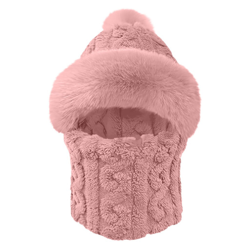 Conjunto feminino de gorro e cachecol de tricô rosa, à prova de vento e quente. 1