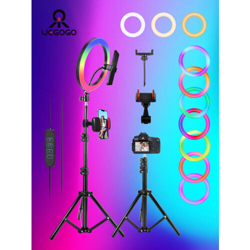Ring Light profissional de 10 polegadas para selfies com suporte — 55,5 polegadas de altura, 38 cores, intensidade ajustável, velocidade do LED,