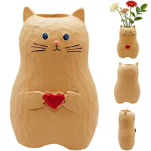 Vase chat en bois fait main, petit vase décoratif, statue de chat en bois massif tenant un cœur, décoration chat moderne et créative