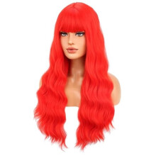Rode lange krullende pruik met pony voor vrouwen en meisjes, rode golvende hittebestendige synthetische pruik, geschikt voor cosplay, kostuums,
