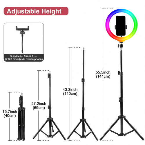Ring Light profissional de 10 polegadas para selfies com suporte — 55,5 polegadas de altura, 38 cores, intensidade ajustável, velocidade do LED, 1
