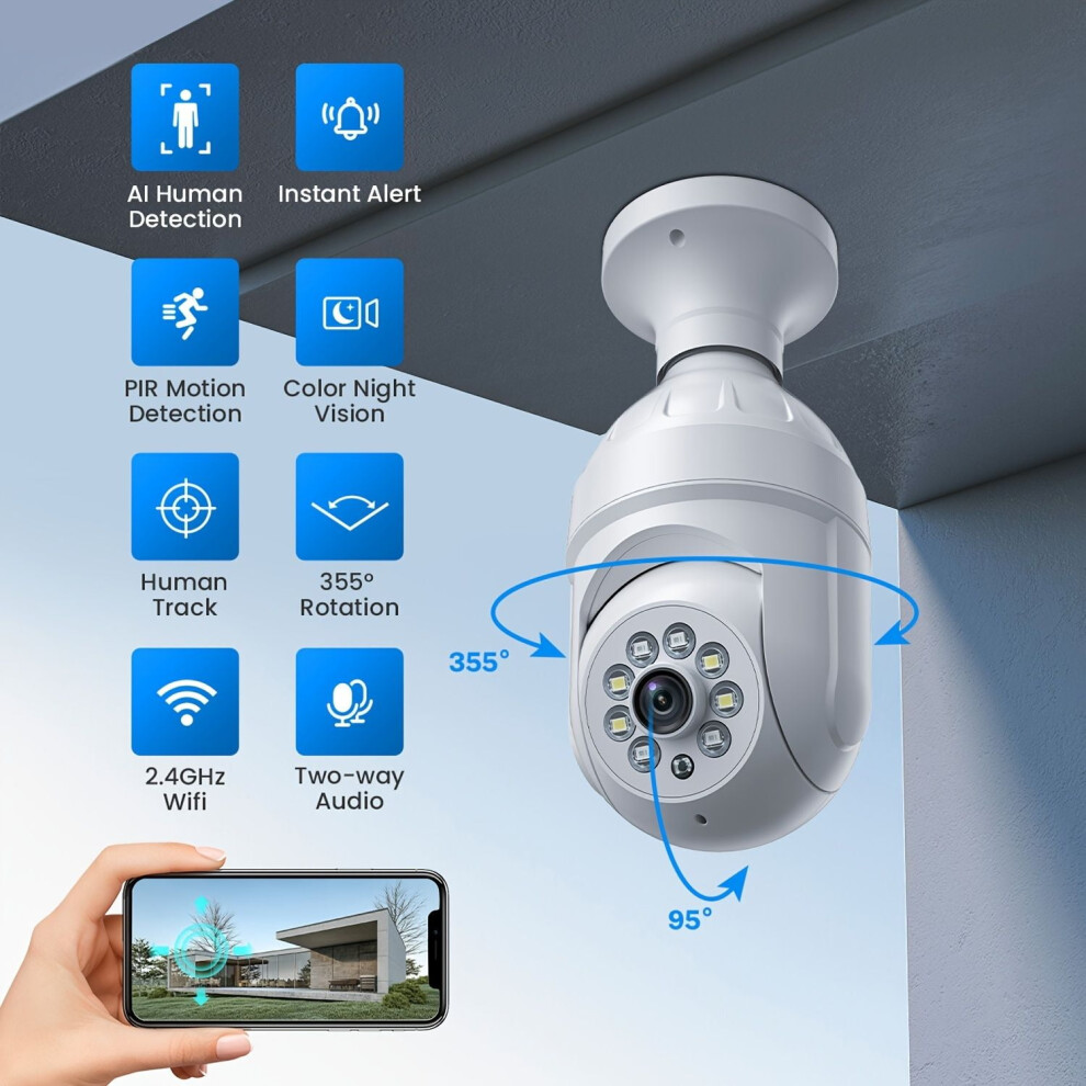 2.4Ghz Light Bulb Security Camera With Human Detection, Color Night Vision, 1080P Wi-Fi, Instant Alerts 9071309952179