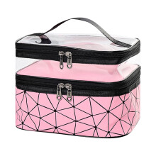 Roze make-uptas met dubbele laag, cosmetische organizer, middelgroot