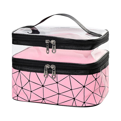 Roze make-uptas met dubbele laag, cosmetische organizer, middelgroot