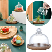 Mini Glass Butter Dish with Round Wood Base, 4.1"x3.7", Clear Cloche Dessert Stand for Cheese, Cupcakes, Muffins – Compatible with Kitchen Counter