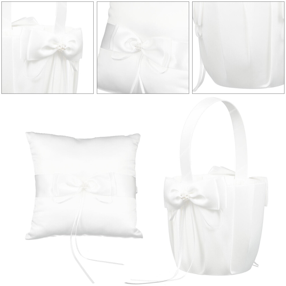 White Satin Ring Bearer Pillow & Flower Basket Set
