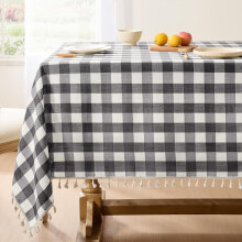 Vierkant geruit tafelkleed, 55x55 inch, linnen-katoen gingham met kwastjes, kreukvrij buffelruitpatroon, extra stevig voor buiten/keuken/feestjes –
