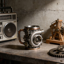 Mug créatif en forme de moteur de voiture (14 cm), tasse turbocompresseur en résine et acier inoxydable, style steampunk industriel – Cadeau