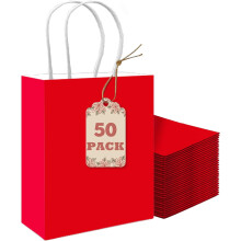 Lot de 50 sacs cadeaux avec poignées, sacs en papier rouge en vrac, usages multiples (petit format 8,3" x 3" x 6")