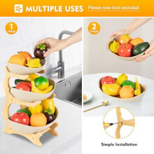 3-tier Fruit Storage Rack, Fruit Basket with Bamboo Wood Stand Ceramic Fruit Plate for Kitchen Counter, Home, Exhibition- Earthy