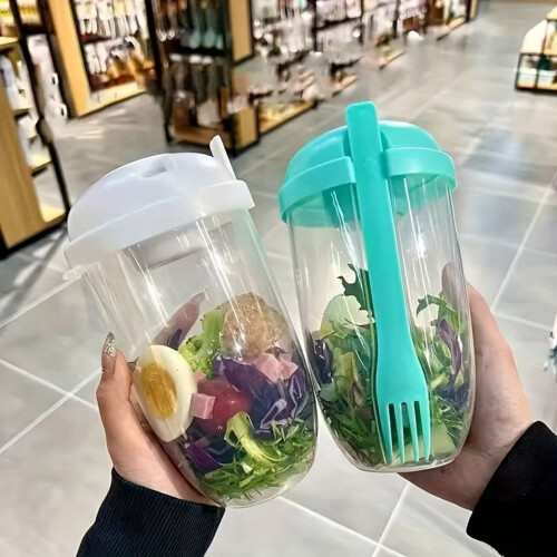 Saladier transparent de 1000 ml avec fourchette intégrée 1