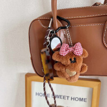 Cartoon Plush Bear Mirror Comb Keychains For Women Y2k Bag Pendant Couple Car Key Chains Jewelry Gift Decoration Accessories
