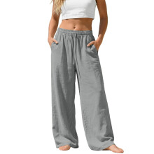 Pantaloni di lino da donna, a vita alta, ampi, modello palazzo, gamba dritta, in cotone, ideali per le vacanze.