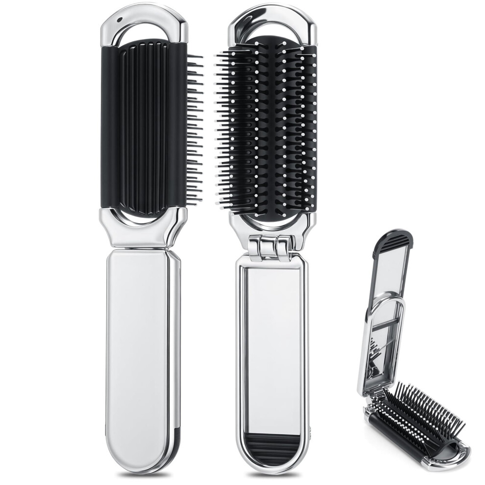 Folding Hair Brush with Mirror 2 Pcs Silver
