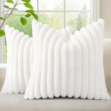 Housses de coussin de Noël en fausse fourrure 50 x 50 cm, lot de 2, rayures neutres, style européen, dos en velours – Compatibles avec les
