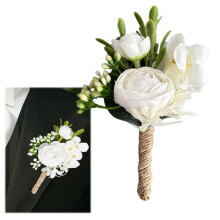 Hvidt stof rosen boutonniere til mænd, brudgommens bryllupsboutonniere, herre boutonniere til bryllupper, lomme boutonniere til brudgom og forlover