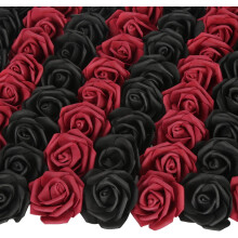 100 têtes de roses artificielles bordeaux et noires, 7,6 cm (3 pouces), sans tige, pour décoration de gâteaux, mariages et fêtes prénatales.