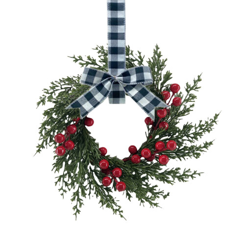 Weißer Weihnachtskranz mit roten Beeren und Schleife, 26 cm