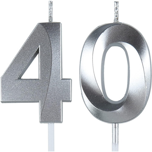 Ασημένια κεριά για τα 40α γενέθλια, Number40, διακοσμητικό τούρτας για πάρτι γενεθλίων