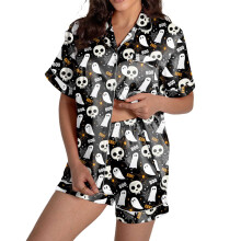 Dampyjamas med spökpumpamönster i satin – kortärmad topp och matchande shorts, Halloween-sovplagg i två delar, maskintvättbara
