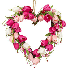 Couronne de Saint-Valentin de 45 cm (18 pouces) avec tulipes blanches, roses et rouges, baies, feuilles vertes et cœur – Convient pour la