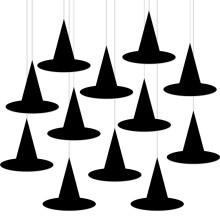 12 decorazioni a forma di cappello da strega da appendere per feste di Halloween, cappelli da strega in feltro nero con cordini per decorazioni