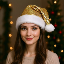 Chapeau de Père Noël à paillettes en peluche pour les fêtes de Noël et du Nouvel An (Jaune)