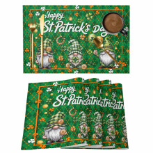 Tischsets zum St. Patrick's Day, 8er-Set – Aquarell-Gnom-, Kleeblatt- und Münzmotiv, grün kariert, rutschfest, abwaschbar, für drinnen und