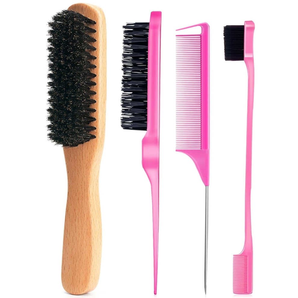 Unisex 4Pcs Boar Bristle Slick Back Hair Brush For Flyaways, Frizz, Ponytails, Buns & Edges | Edge & Teasing Brush | Compatible With All Hair Types