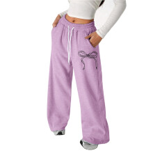 Girl Pants with Bow & Drawstring, Loose Fit Straight Leg Trousers for Kids 6-7Y, Purple Z01 – Compatible with School & Play
