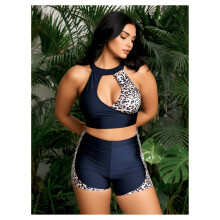 Plus Size Badedragt Kvinder Leopardprint 2Piece Halter Badedragt Højtaljede Shorts Udskæring Badetøj Sommer Strandoutfits