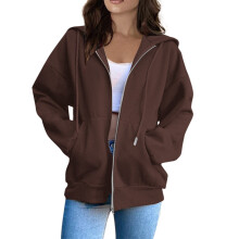 Dames hoodie met losse pasvorm en ritssluiting, effen kleur, casual sweatshirt met lange mouwen, geschikt voor koffieliefhebbers.