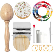 Mini Darning Loom Kit Mushroom Knitting Tool with 14 Hooks Large Eye Needles and 50 Color Threads for DIY Weaving Repair Mending Jeans Socks