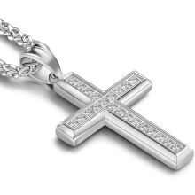 Colier cruce din oțel inoxidabil cu zirconii cubici, placat cu aur de 18K, pandantiv crucifix cu zirconiu cubic 5A+ pe lanț Rolo de 3 mm –