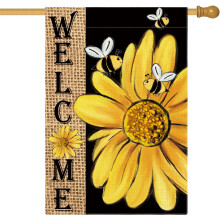 Drapeau de maison tournesol abeille printemps-été 71 x 102 cm double face, décoration de jardin en toile de jute de bienvenue pour les fêtes