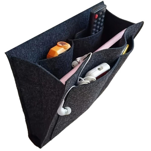 Useful Multi Grey Bed Storage Pockets, Felt Bedside Hanging Storage Phone Remote Control Organizer Holder with 2 Inner Pockets for Bed Table Sofa