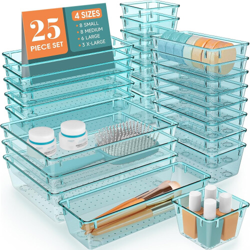 25-Piece Clear Plastic Drawer Organizer Set