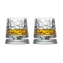 360 Degree Rotating Whiskey Glasses Set of 2, Crystal Cut Old Fashioned Tumbler with Spinning Base, Unique Barware Gift for Men, Husband, Father