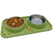 Dubbele voer- en waterbakken van roestvrij staal met morsmat – Geschikt voor puppy's, katten, kittens en kleine honden – Donkergroen