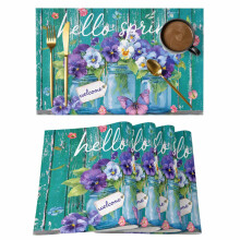 Ensemble de 12 sets de table « Bonjour Printemps », motif pensées violettes et planches de bois, antidérapants, lavables, pour usage