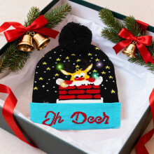 Bonnet de Noël en laine tricoté avec pompon et LED – Bonnet lumineux clignotant, bonnet chaud en laine avec protection pour les oreilles, idéal